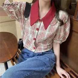 Damesblouses Junerain Summer Women Elegant Puff Sleeve Plaid Pink Blouse Lady Turn Down Collar Crop Top Vrouw Koreaanse shirts