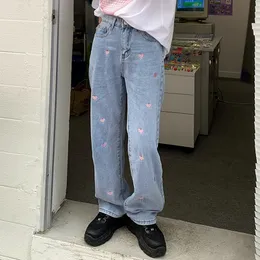 Kadınlar kot gjbd kadın kot pantolon vintage kalp şeklindeki nakış sokak kıyafeti yüksek bel geniş bacak pantolon Bolgy harajuku düz denim pantolon 230308