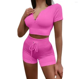 Активные наборы Zipper Sports Yoga Clothing Suit Women Fashion Shorping Teall Shorts Fitness Wear Riding Gym Set Ribbed Sportwear