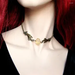 Choker Goth Bronze Hexenkette Hände Halskette Schmuck Magischer gelber Druzy Citrin Stein Frauen Geschenk Anhänger Statement