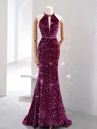 Sexy Lila Pflaume Abendkleider Meerjungfrau Halter Kristall Perlen V-ausschnitt Frau Backless Braut Toast Kleidung Party Abendkleid 2023