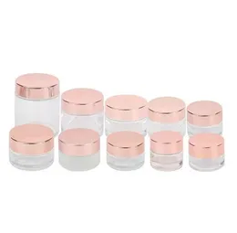 Groothandel Froosted Glass Cream Jar Clear Cosmetic Bottle Lotion Lip Balmcontainer met roségouden dekselverpakkingsflessen 5G 10G 30G 50G 100G