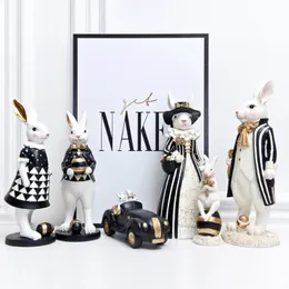 Decorative Objects Figurines Pastoral rabbit family decoration bedroom living room porch home ornaments black gold Easter bunny resin crafts 230307