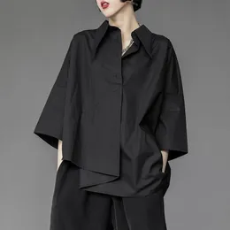 Women's Blouses Shirts QWEEK Women's Blouse Asymmetrical Harajuku Japanese Korean Style Black White Shirt Loose Button Up Tops Casual Summer Fashion 230308