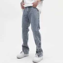 Mäns jeans fotleds blixtlås rippade tvättade retro mens jeans raka breda benfickor nödställda avslappnade denimbyxor lösa hiphopbyxor z0301