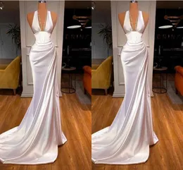 Sexy Plus Size Mermaid Evening Dresses Long for Women Deep V Neck Beaded Draped Pleats Satin Birthday Special Occasion Pageant Party Prom Gowns Custom