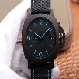 Relógios de grife assistem Pam1661 Caso de fibra de carbono de luxo masculino de 44 mm de nylon através do fundo P9010 Sapphire Scratch Resis224D