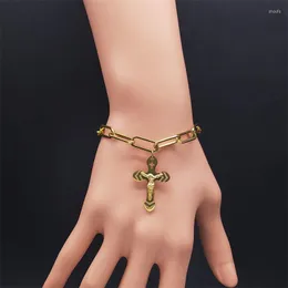 Charmarmband Religiös Jesus Cross rostfritt stål Armband Guldfärg Religion för kvinnor/män smycken Pulseira B6016S02