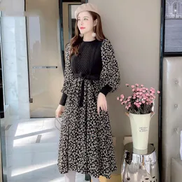 Casual Dresses Korean Style Corduroy Long Sleeve Floral Women Sweet Knitted Patchwork Dress Chic Lace-up Mid-length A-line DressesCasual Cas