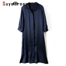 Casual Dresses SuyaDream Woman Shirt Dress Silk Satin A Line 3/4 Sleeves Mid 2023 Summer Autumn Navy