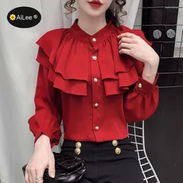 Women's Blouses Wine Red Tierred Ruffle Folds Elegant Blouse Women Lady Office OL Work Business Long Sleeve Shirts Stand Neck Vintage Chic