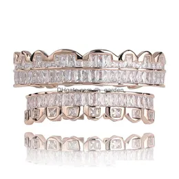 Grillz Dental Grills Baguette Gold Plated With Diamond Teeth Grillz Top Bottom Sier Color Bling AAA Cubic Zircon Mouth Hip Dhgarden Dhbrf