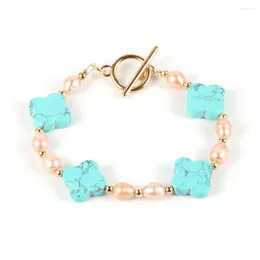 Strand Bohemian Women Girls Natural Stone Natural Clover Turquoise Quartz Charm Bracelets oval de água doce