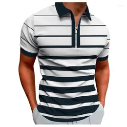 Men's T Shirts Men Striped Casual Stripe Print Zipper Turn Down Collar Blouse Short Sleeve Boy Tops Shirt Clothing Streetwear Loui22