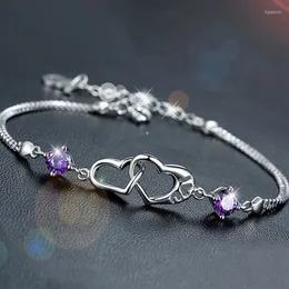 Bracelets de charme Moda Purple Zircão Double Heart Bracelet