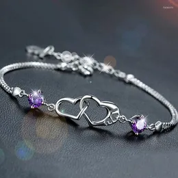 Charm Bracelets 패션 보라색 지르콘 더블 하트 팔찌 우아한 여성 파티 사랑 약속 소녀 보석 웨딩 액세서리