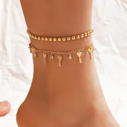 Anklets Elegant Crystal Stone Key Tassel for Women Geometry Heart Gold Metal Foot Chains Fashion Jewelry 2st/Set 20916