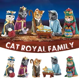 Dekorativa föremål Figurer Funnlig katt Royal Family Harts Crafts Ornament Christmas Nativity Miniatures Christian Holiday Creative Gift Decoration 230307