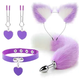 Anal Toys Sex Tail Butt Plug y Plush Cat Ear Headband With Bells Necklace Set Massage toys For Women Couples Cosplay 230307