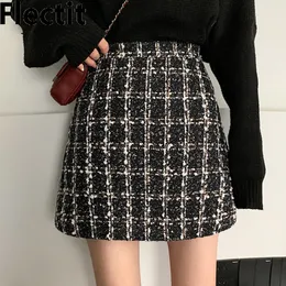 Skirts Flectit Fall Winter Plaid Wool Skirt Womens Plus Size Thick Woolen Glitter Tweed Mini Skirt Saia Feminina 230308