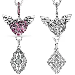 Colar de prata 925 Fit Pandora com pingente de coração bijuterias femininas asas de anjo clássico rendas linhas geométricas
