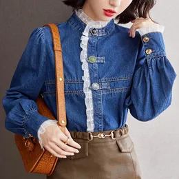 Kadın bluzları kovboy dantel fırfırlar Kore moda kadın 2023 uzun kollu ofis bayanlar kadınların resmi gömlekleri blusas para mujer üstleri
