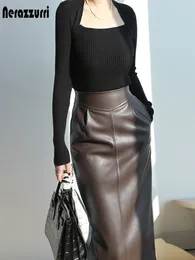 التنانير Nerazzurri Spring Midi Leather Skirt Women Brown White Black Long Thight Pency Pency Tarts for Women Side Slit Slit 7xl 230308