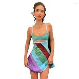 Casual Dresses Women Summer National Style A-Line Colorful Printed Slip Dress Low Chest Slim Sweet Hollow Preppy Mini Kjol