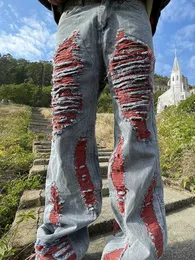 Calças de brim dos homens houzhou y2k rasgado retalhos calças angustiadas homens hip hop punk goth vermelho denim calças masculinas vintage japonês streetwear