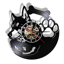 Siberian Husky Winyl Record Wall Clock Non Ticking Pet Shop Vintage Art Decor Watching Watch Pies Rasa Husky Pies Właściciel Prezent pomysł x0291J