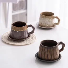 Cups Saucers Creative Coarse Pottery Coffee Cup And Saucer Set Simple Handmade Japanese Retro Golden Art Hand-washed