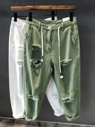 Herr jeans hål jeans män och kvinnor sommar hög midja tunn färg lös rak denim ankel längd harem byxor män och kvinnor jeans 230308