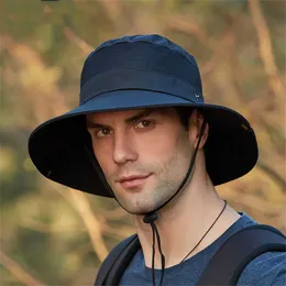 Cappelli a tesa larga 2022 New Fashion Summer Bucket Hat Cowboy Men Outdoor Fishing Escursionismo Cappelli da spiaggia Mesh traspirante Anti UV Sun Cap Large Wide Brim R230308