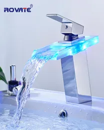 Other Faucets Showers Accs ROVATE LED Basin Faucet Brass Waterfall Temperature Colors Change Bathroom Mixer Tap Deck Mounted Wash 9623336