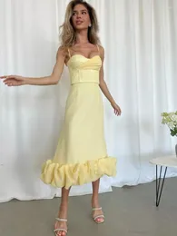 Abiti casual Donna Estate Sexy Senza maniche Backless Ruffles Maglia Midi Giallo Vestito dalla fasciatura 2023 Lavorato a maglia Elegante Serata Club Party