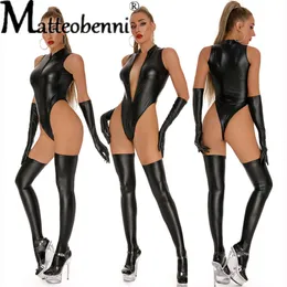 Seksi Set Kadınlar PU Faux Deri Lateks Bodysuit Eldivenler Stoklama Yüksek kesim iç çamaşırı tayt Catsuit Thong Stage Wear 230307