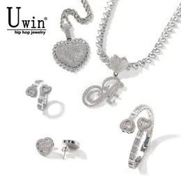 Pendant Necklaces UWIN Heart Baguette Bangle Ring Earing Tennis Chain Jewelry Set Iced Out Cubic Zirconia Romantic Holiday Gifts For Women 230307