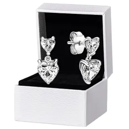 Orecchini a bottone scintillanti a doppio cuore per Pandora Gioielli da sposa in vero argento sterling per le donne Regalo fidanzata Orecchini di design con diamanti CZ con scatola originale