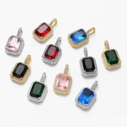 Anhänger Halsketten Hiphop Square Solid Zircon Colorf Edelstein Herren Microinlaid Rot Rosa Halskette mit Mx24 Zoll Twist Kette Dr Dhgarden Dhwwg