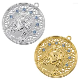 Charms ZHUKOU Round Shape Portrait Pendants Brass Blue Cubic Zirconia For Jewelry Making Supplies Accessories Wholesale VD1234