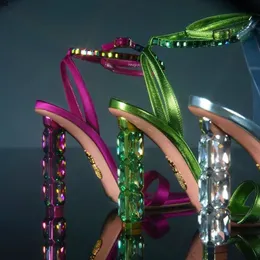 Aura Sandals Crystal Shiny Afinestone Инкрустанный лентный ленточный каблук