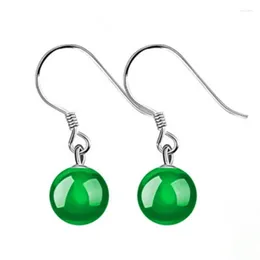 Dangle Earrings Natural Green Jade Chalcedony Round Drop 925 Silver Carved Charm Jadeite Jewelry Fashion Amulet For Women Gifts