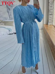 Casual Dresses TTQV Casual Loose Blue Midi Dress Ladies Long Sleeve Office Spring Dress Vintage Ruched Elegant Dresses for Women 230308