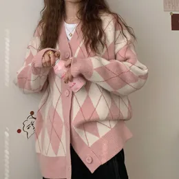 Kobiety z dzianiny damskiej argyle kardigan dla kobiet sweter luźne studenci pojedynczych piersi vneck urocze dzianiny koreańskie duże wierzchołki zimowe 230308