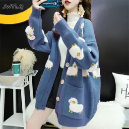 Mulheres Knits Tees Sheep Print Singlebreasted Oversize Cardigan Sweater Coreano V Pescoço Grande Bolso Solto Malha Grosso Casacos 230308