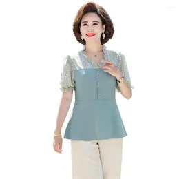 Kvinnor BLOUSES Fashion Women V-ringning med Chiffon Summer Top Short Sleeve Shirt Casual Patchwork Blusas Mujer de Moda