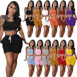 Wholesale 2023 Women Summer Tracksuit Sleeveless Top Shorts Two Piece Outfits Solid Color Casual Sports Suit Including Pocket 11 Colors