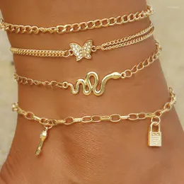 Anklets 4 st/set mode guldkristallfjärilar Snake Pendant Set Sweet Key Lock Foot Chain for Women Beach Jewelry