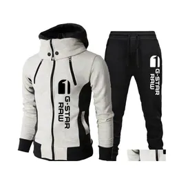 Men'S Tracksuits Mens Gstar Printed Long Sleeve Zipper Hoodie And Trousers Windproof Motorcycle Suits Outdoor Athletic Sets Drop Del Dhpes