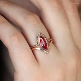 Anéis de casamento Rhombus natural vintage 2 em 1 anel de ouro rosa vermelho para mulheres Marquise Jóias finas de noiva
